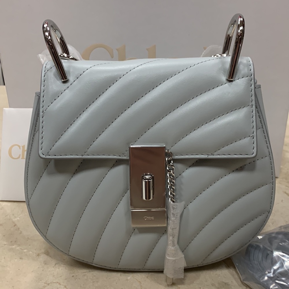 CHLOE MINI DREW CALF LEATHER CROSSBODY W/SILVER TONE JEWELRY CHAIN IN AIRY GREY - Picture 9 of 16